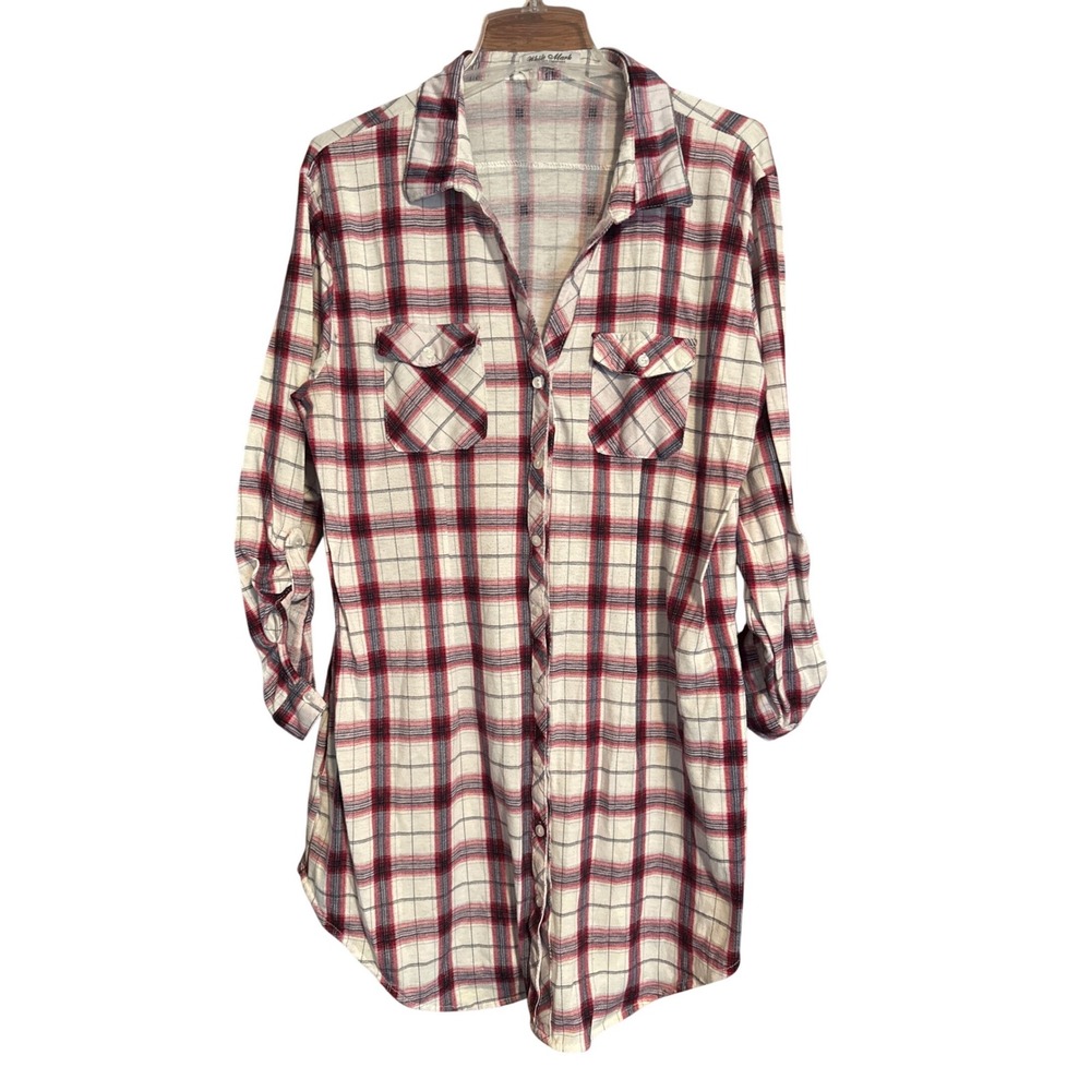 White Mark Womens XL White pink, blue Plaid Roll Tab Sleeve Longline Tunic Shirt
